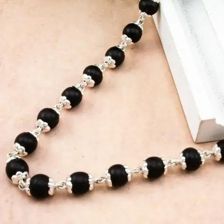 ✨ Karungali Silver Cap Malai – Certified | Pure Ebony Wood | 54 Beads (6-8 mm) ✨