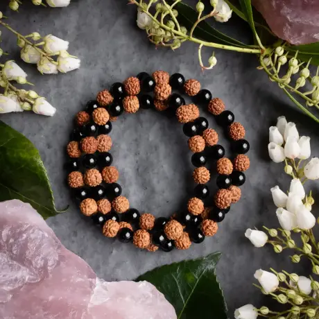 Natural 5 Mukhi Rudraksha Bracelet with Black Onyx 8mm – Unisex | Wealth & Health Attractor | Lab Certified 🔱