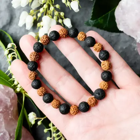 Natural 5 Mukhi Rudraksha Bracelet with Lava Stone 8mm – Unisex | Lab Certified 🔱