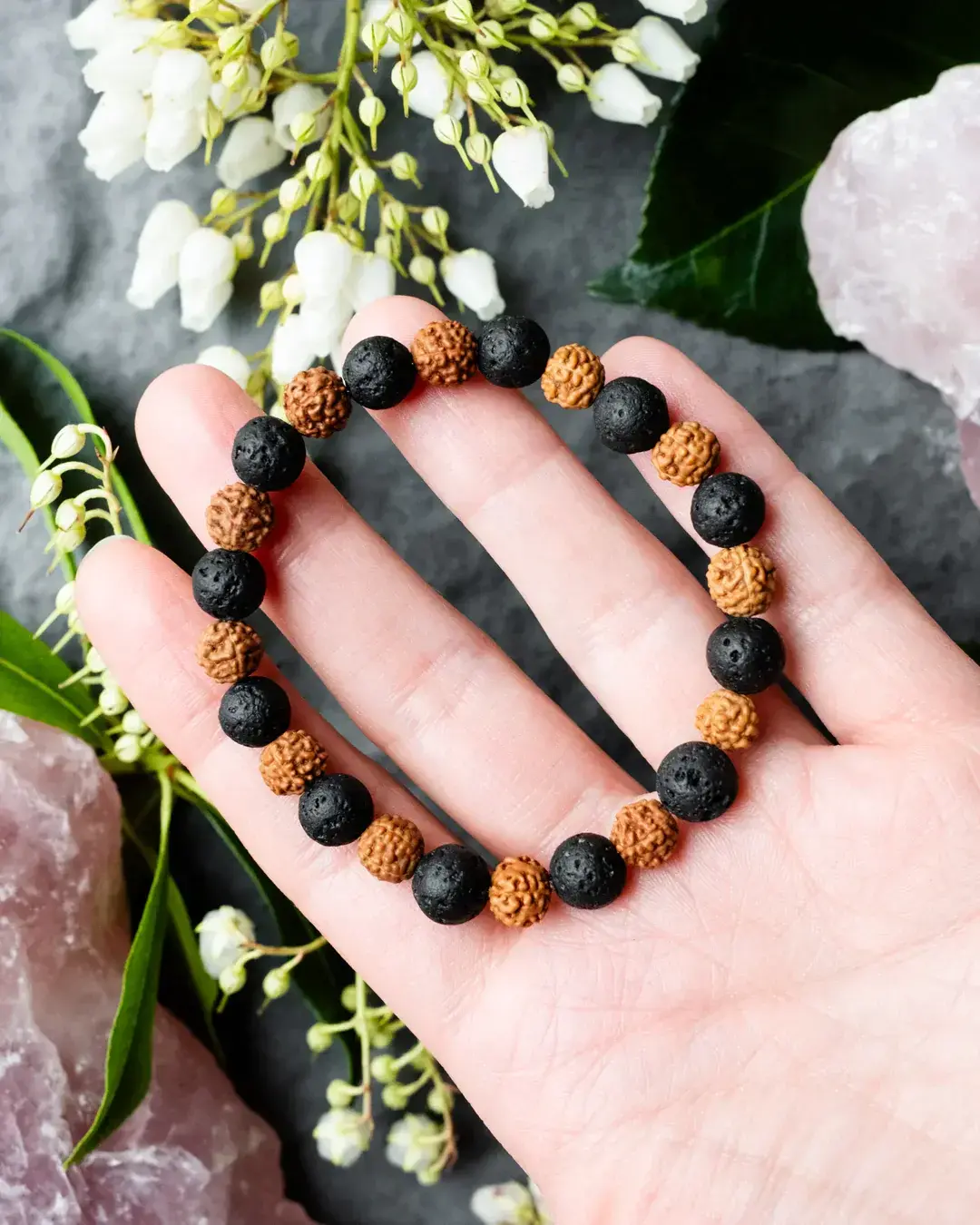 Natural 5 Mukhi Rudraksha Bracelet with Lava Stone 8mm – Unisex | Lab Certified 🔱