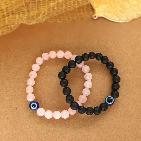 💖 Natural Rose Quartz + Lava Evil Eye Beads Bracelet Combo Pack
