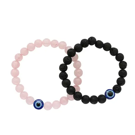 💖 Natural Rose Quartz + Lava Evil Eye Beads Bracelet Combo Pack